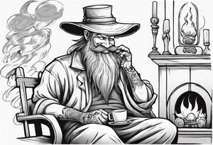 a marshwiggle with a long grey beard wearing a tunic and a floppy hat sitting on a bench by a fireplace drinking from a wood cup, smiling tattoo idea