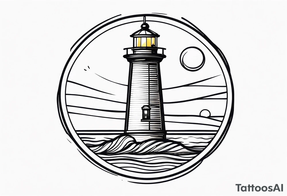 lighthouse fluid lines and circle framed, colored a bit realistic tattoo idea