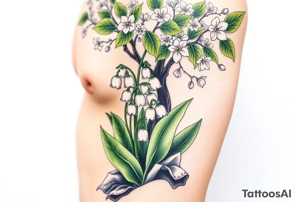 Small White lily in the valley bells growing next to other different colored lilie plants planted 
Under a blooming hawthorn tree tattoo idea