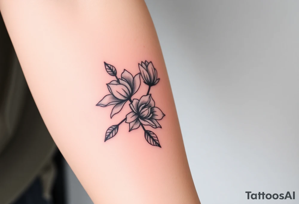 Branch with few magnolia flowers, in different blossom stages tattoo idea
