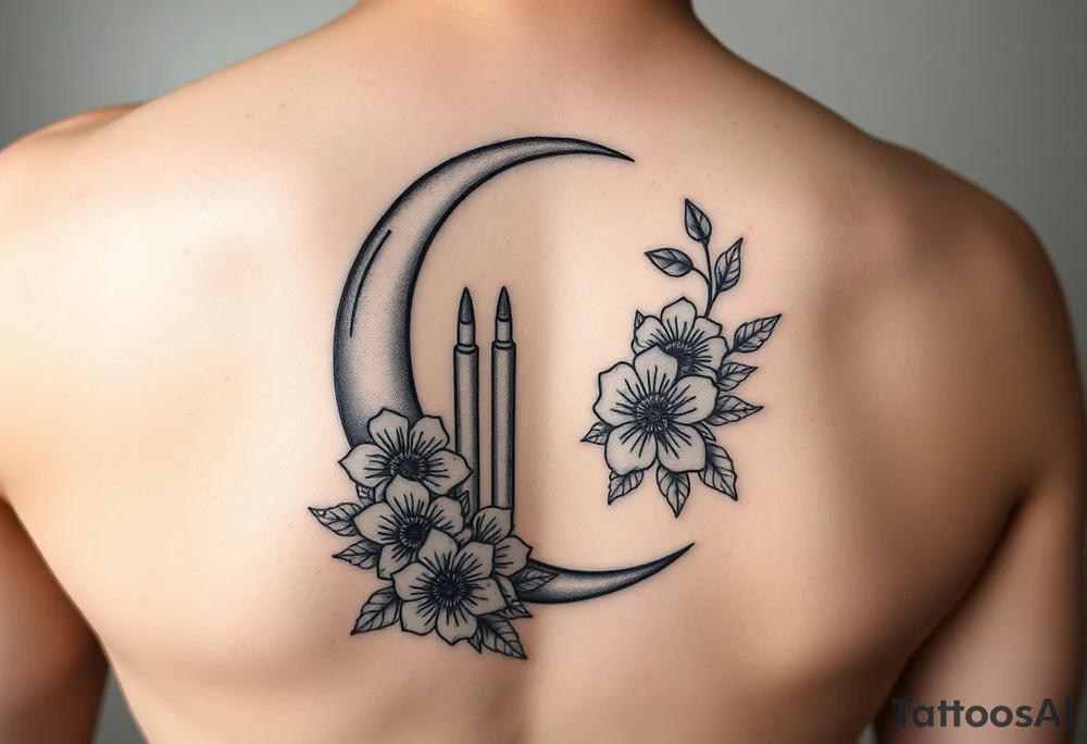 waxing crescent, bullets, flowers, music tattoo idea