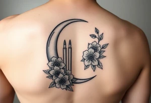 waxing crescent, bullets, flowers, music tattoo idea