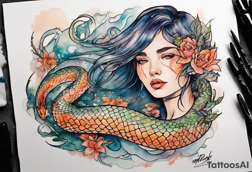 a beautiful woman seas serpent hybrid tattoo idea