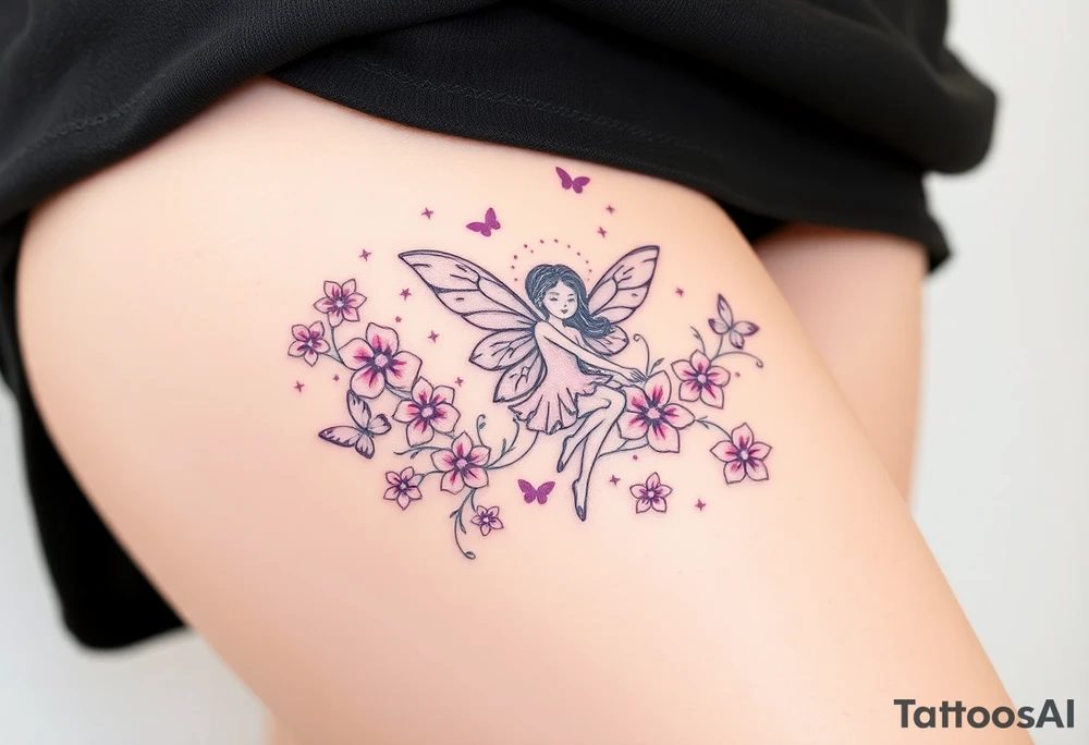 Whimsical fairy surround by pink and purple flowers and butterflies and sparkles tattoo idea