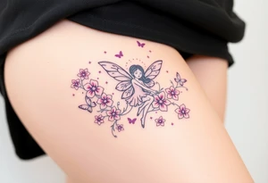 Whimsical fairy surround by pink and purple flowers and butterflies and sparkles tattoo idea