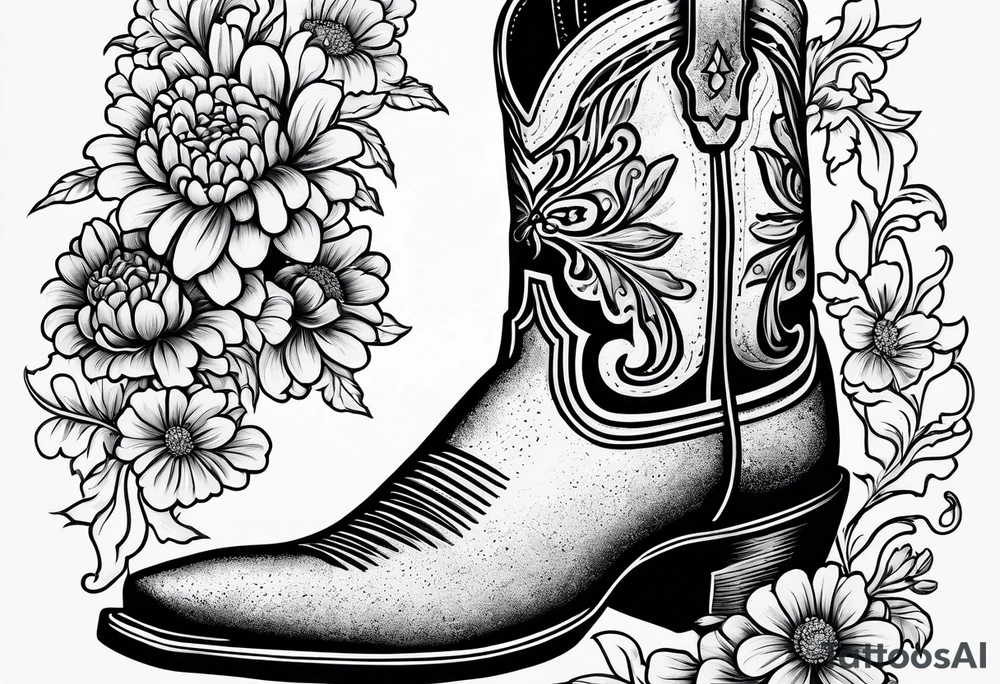 Cowboy boot with bouquet of chrysanthemum, carnations and marigolds inside of boot tattoo idea