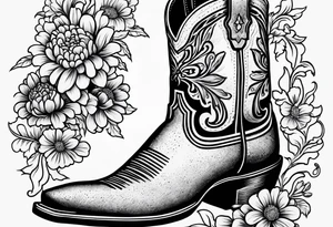 Cowboy boot with bouquet of chrysanthemum, carnations and marigolds inside of boot tattoo idea