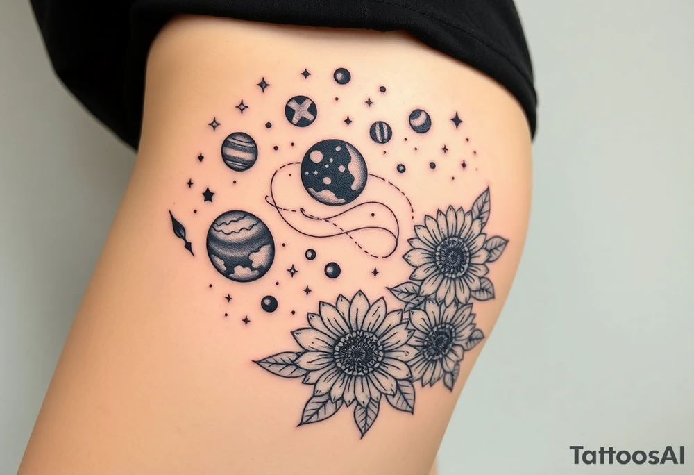 Milky way galaxy with planets with zodiac symbols and protection runes in it with tigerlillies roses and sunflowers tattoo idea