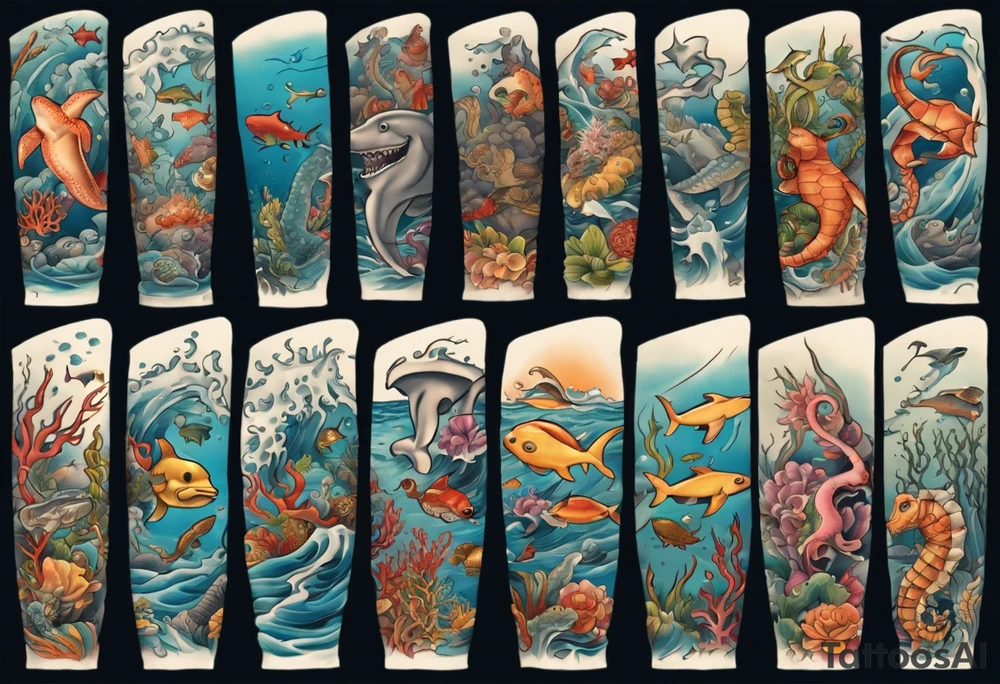 An arm sleeve of an aquatic scene of sea animals, including a hammerhead shark, a turtle, an octopus, a seahorse, and colorful fish tattoo idea