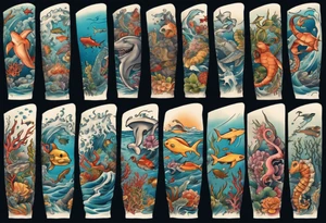 An arm sleeve of an aquatic scene of sea animals, including a hammerhead shark, a turtle, an octopus, a seahorse, and colorful fish tattoo idea