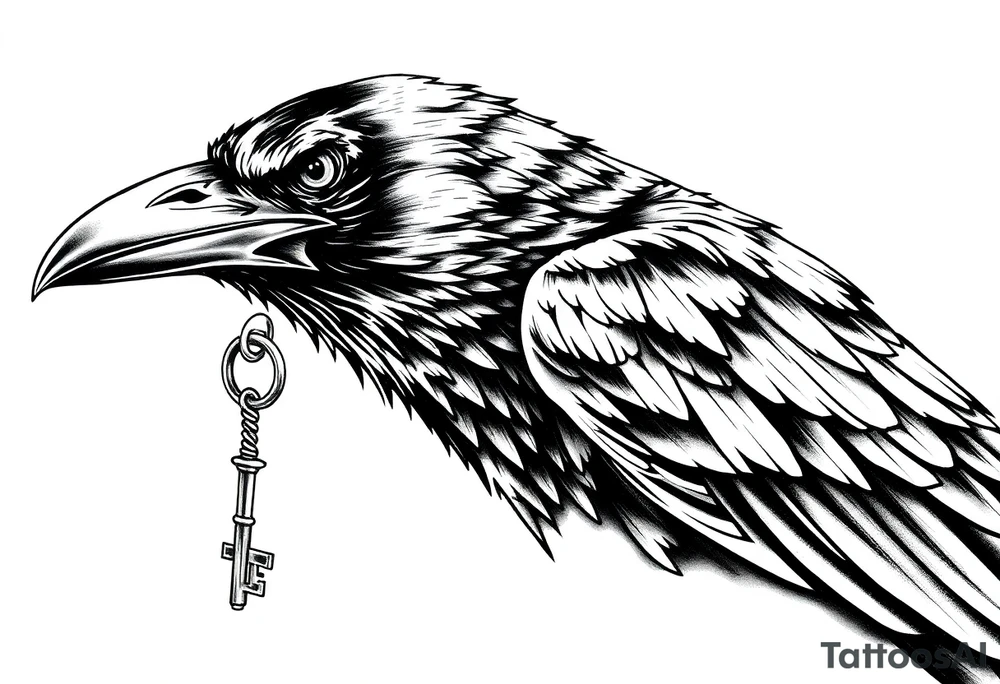 a raven with a key in his beak. tattoo idea