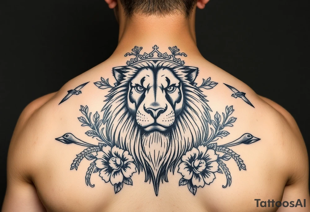 powerful majestic lion with a crown, surrounded by floral ornaments and birds tattoo idea
