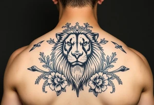 powerful majestic lion with a crown, surrounded by floral ornaments and birds tattoo idea