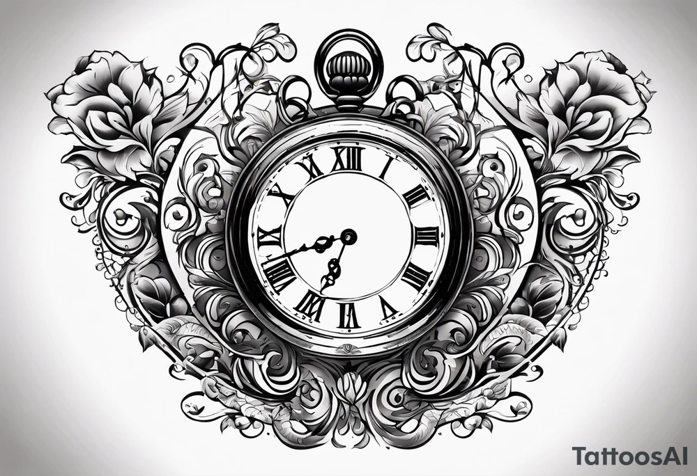 Pocket watch with the time 5:25 on. Underneath a scroll with 04/09/2014 tattoo idea