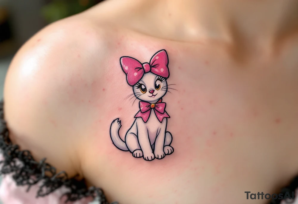 Classic Marie Portrait – A delicate tattoo of Marie sitting with her signature pink bow and collar, white fur perfectly groomed, with her head tilted playfully to the side. tattoo idea