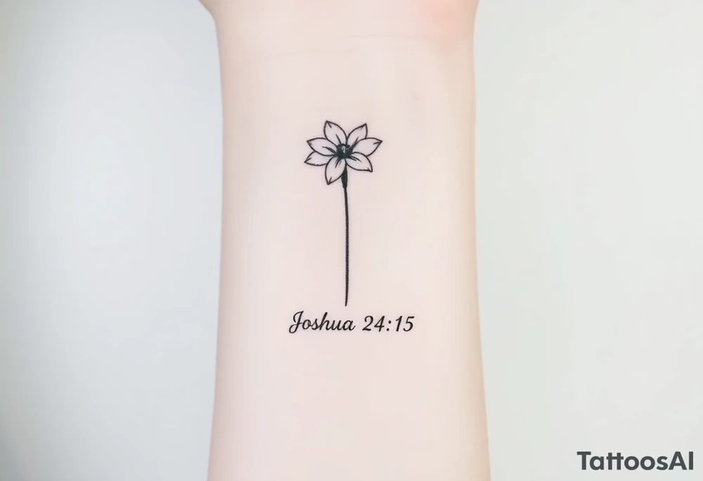 Narcissus flower at the top, drawn in single-needle fine line

Slim stem flowing naturally downward



“Joshua 24:15” sits underneath in tiny, clean lettering

Vertical flow = elegant, feminine, and perfectly suited to the inner wrist

Overall height: ~5–7 cm (subtle, timeless, not heavy) tattoo idea