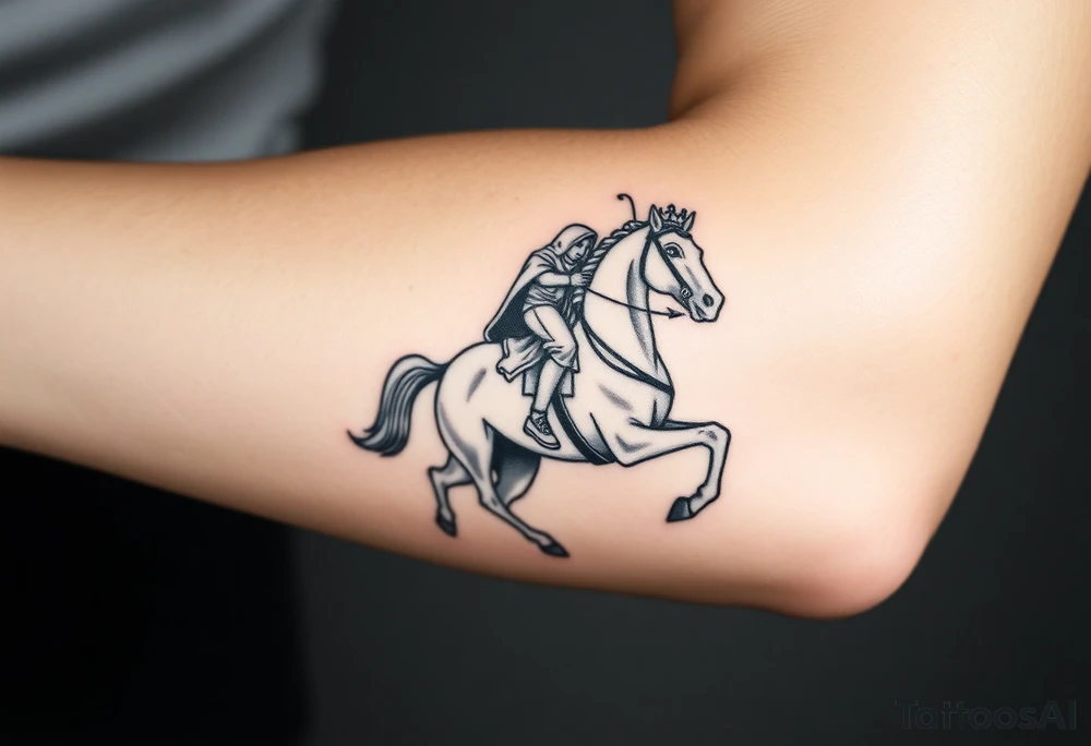 Generate an image of conquest on a white horse. Use this passage from Revelations: "And I saw, and behold a white horse: and he that sat on him had a bow; and a crown was given unto him: and he went forth conquering, and to conquer". Include the rider on a white horse wearing a crown and carrying a bow. Make it photorealistic tattoo idea