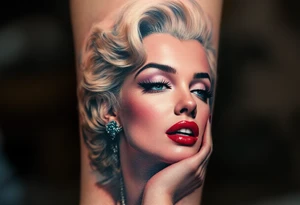 A vintage-style Marilyn in full color with platinum blonde hair, red lips, and a soft pastel background. tattoo idea