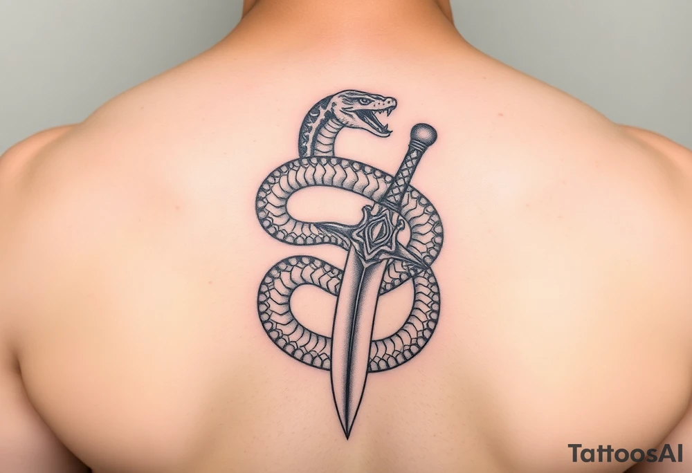mystical snake coiled around an ancient dagger with jeweled hilt tattoo idea