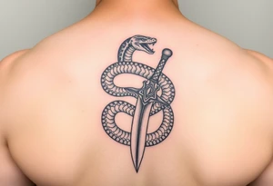 mystical snake coiled around an ancient dagger with jeweled hilt tattoo idea