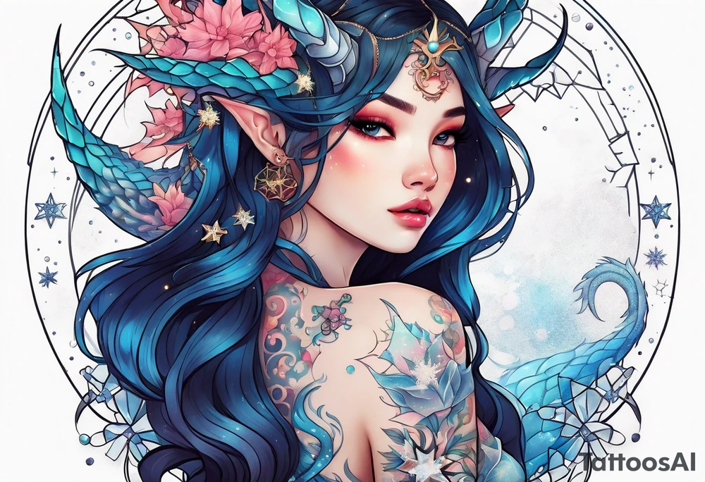 Constellation, kawaii dragon girl , snowflake tattoo idea