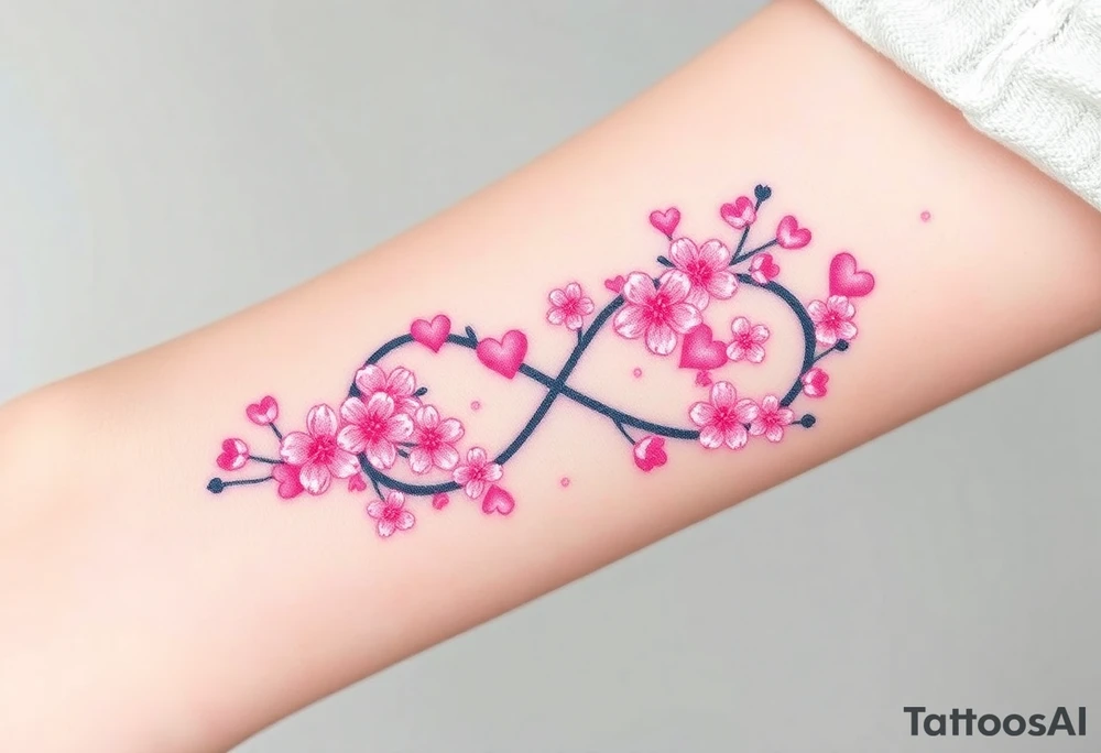 An infinity symbol with blooming cherry blossoms and hearts, in soft pink and white tones tattoo idea