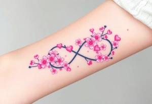 An infinity symbol with blooming cherry blossoms and hearts, in soft pink and white tones tattoo idea