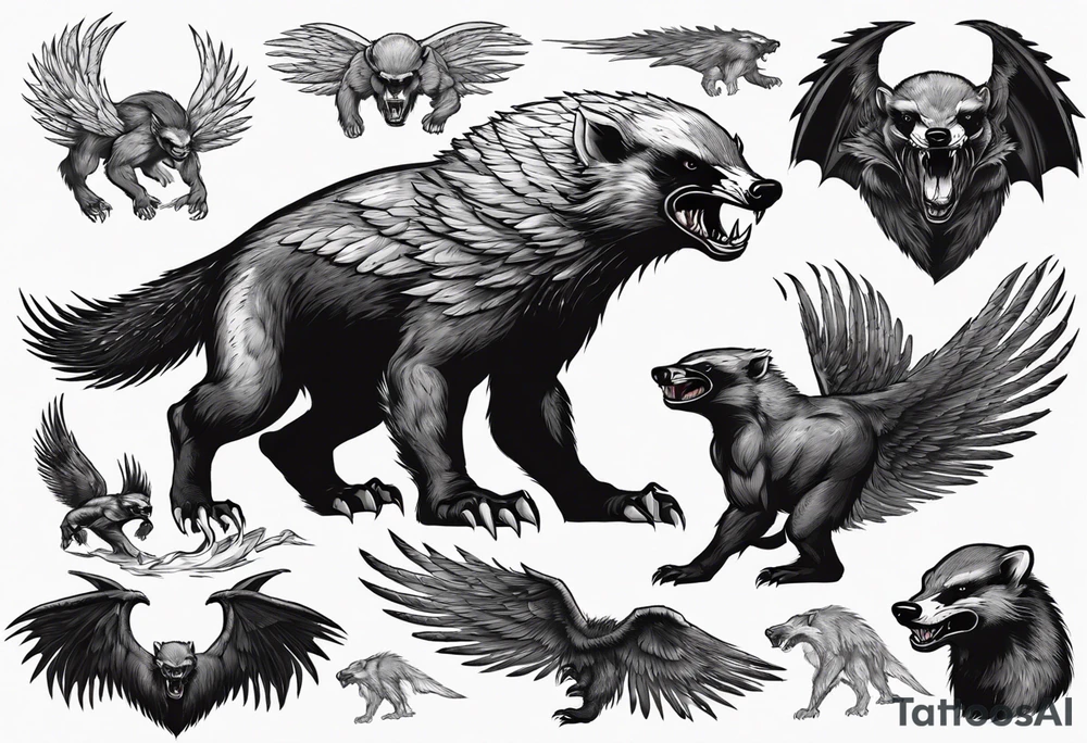 Angry, snarling, detailed forward-facing honey badger against the backdrop of large demonic wings tattoo idea