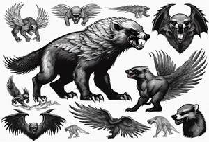 Angry, snarling, detailed forward-facing honey badger against the backdrop of large demonic wings tattoo idea