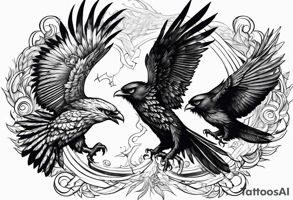 Pheonix and raven fighting with owl flying in at them tattoo idea