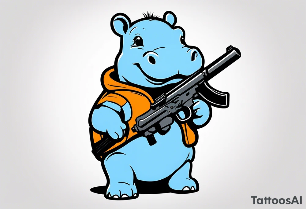 Baby hippo wearing overalls and holding a gun tattoo idea