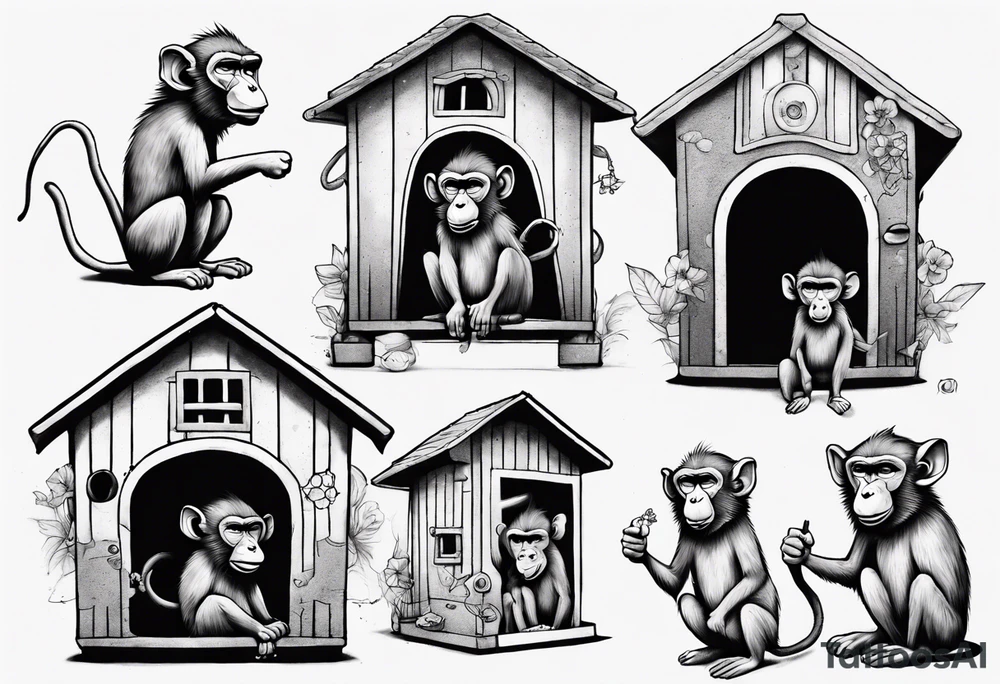 a baboon in a playhouse with mice tattoo idea
