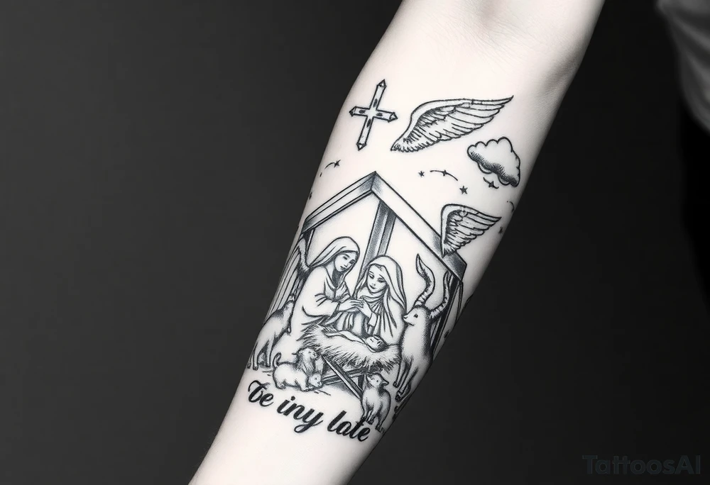HALF SLEEVE forearm IDEA:
clouds
angel with wings portrait 
cross
The Nativity: The birth of Jesus in a manger, surrounded by Mary, Joseph, shepherds, and animals. It symbolizes hope and the beginning of Christ's life on Earth.
covers the enitre forearm tattoo idea