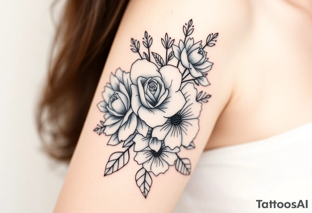 Rose and Chrysanthemum bouquet tattoo tattoo idea