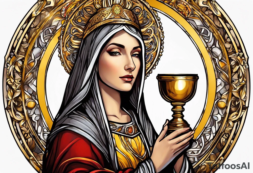 holy saint woman with golden halo holding a chalice tattoo idea