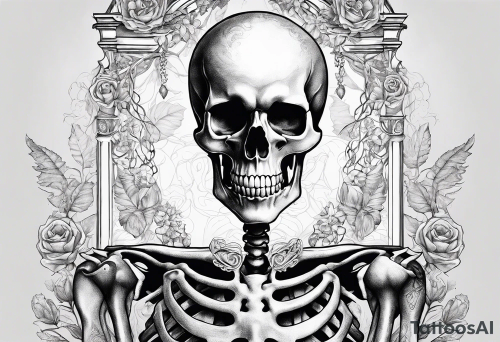 Realistic skeleton with heart shaped eyes. Hs chest has exploded and he is grasping at his heart tattoo idea