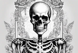 Realistic skeleton with heart shaped eyes. Hs chest has exploded and he is grasping at his heart tattoo idea