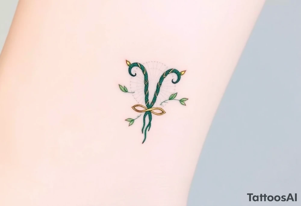 A minimalist Virgo glyph made of intertwining vines, in an elegant dark green and gold gradient tattoo idea