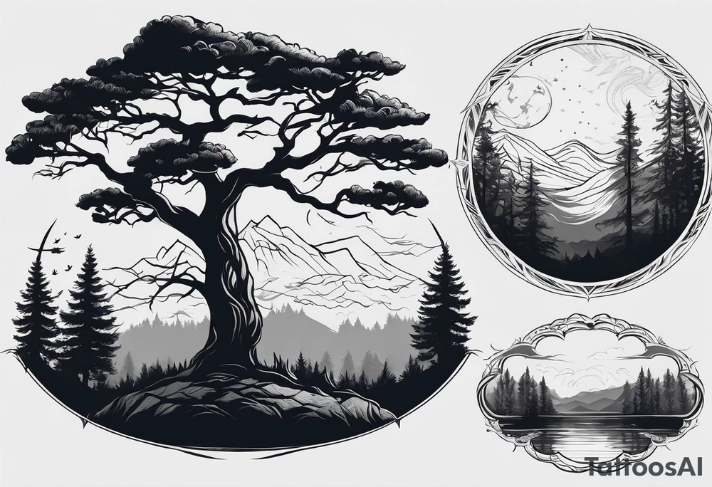 The tattoo will be a unique horizontal image. At the base, there will be a thin line to symbolize the horizon. Above it, various trees in silhouette with delicate details, representing different species, including oaks and pines among others, will be distributed along the horizon. tattoo idea