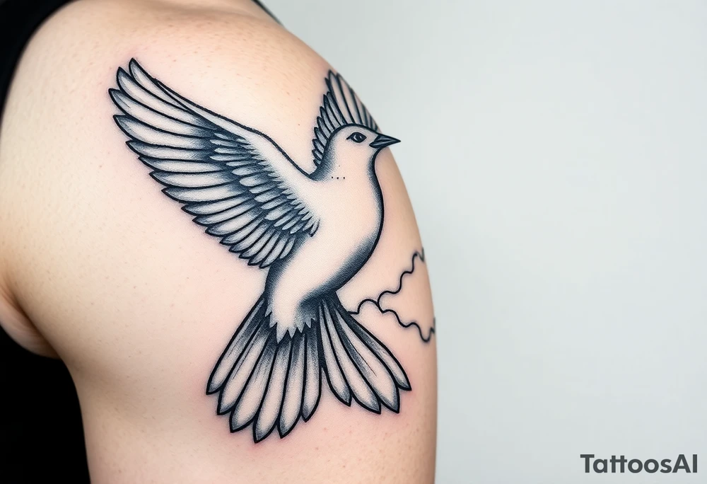 Dove and a blue jay, clouds, shining light to or from heaven tattoo idea