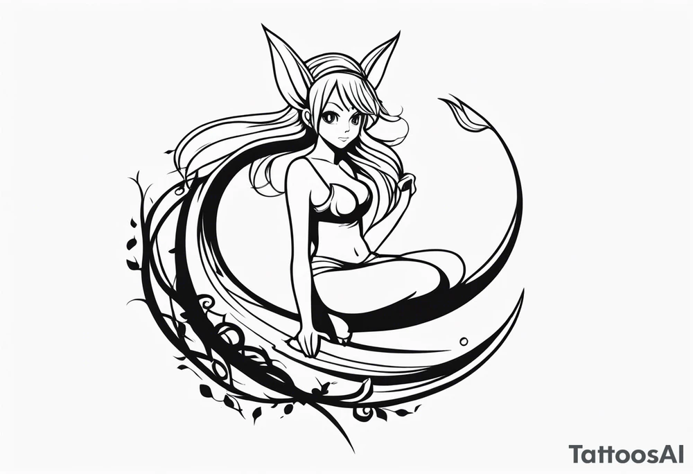 A fairy with a tail inspired by the logo of the show called Fairy Tail in a fetal position leaning in tattoo idea