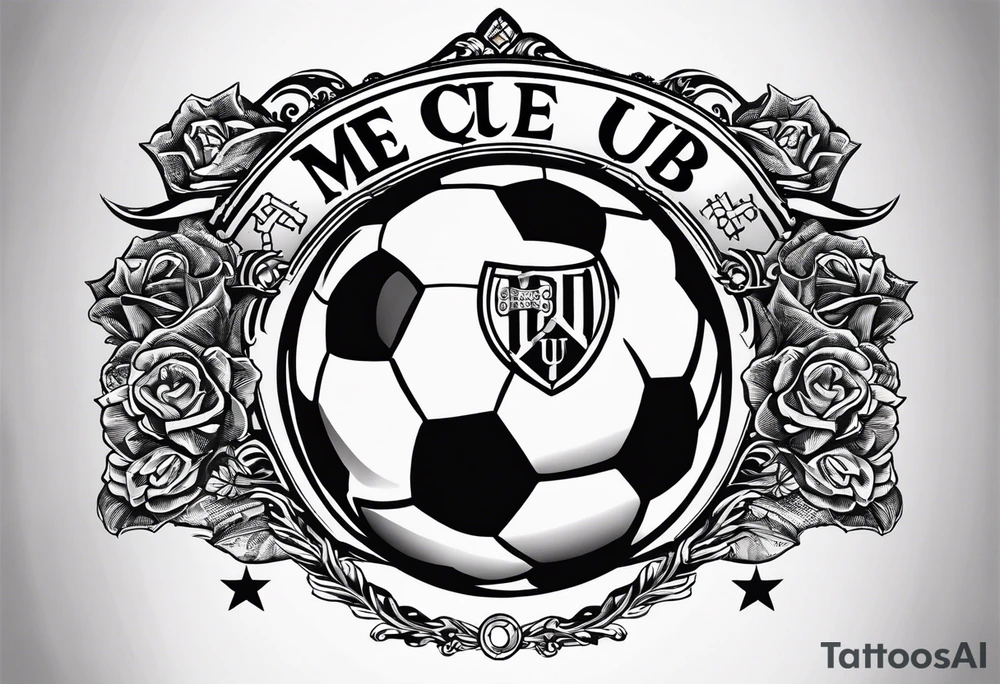 MÉS QUE UN CLUB text with soccer ball and a cross tattoo idea