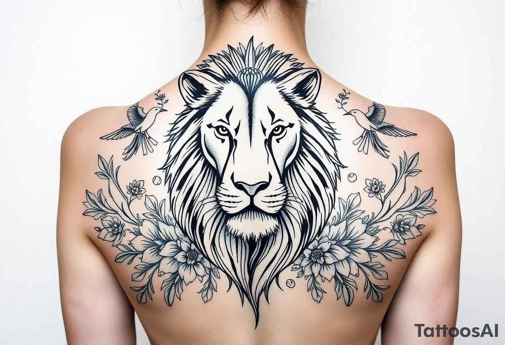 powerful majestic lion with a crown, surrounded by floral ornaments and birds tattoo idea