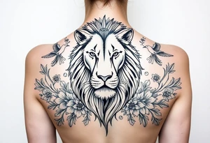 powerful majestic lion with a crown, surrounded by floral ornaments and birds tattoo idea