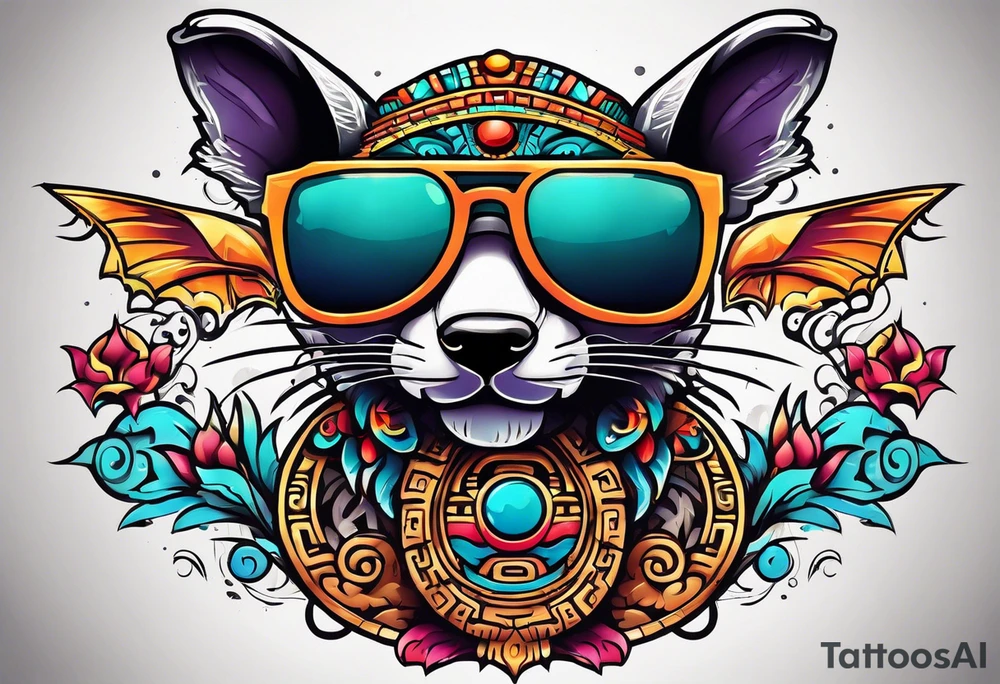 Colorful Mayan hieroglyph wearing sunglasses with bats and water tattoo idea