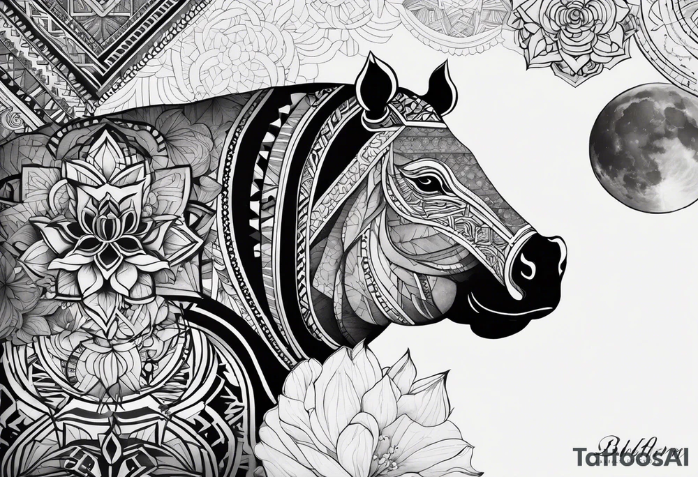 Very asymmetrical, +geometric pattern, with realistic full moon, with hippo at side look, +tribal, +geometric, +inkart , +blackwork, +grey scale, + sketch
with wintersweet flower bud, +inkart touch, +for men, detailed , combined favourite tattoo idea