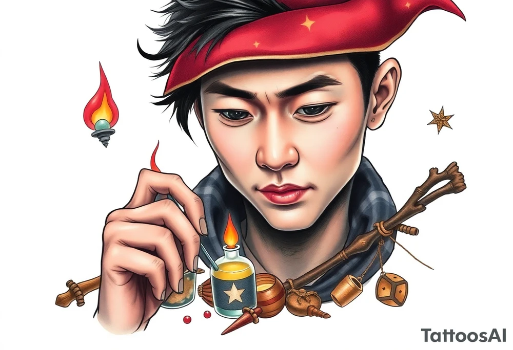 Handsome Asian young adult guy is  accidentally stumbled upon witch tools, supplies, artifacts, potions and exploring it curiously tattoo idea