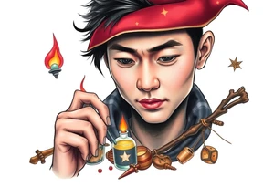 Handsome Asian young adult guy is  accidentally stumbled upon witch tools, supplies, artifacts, potions and exploring it curiously tattoo idea