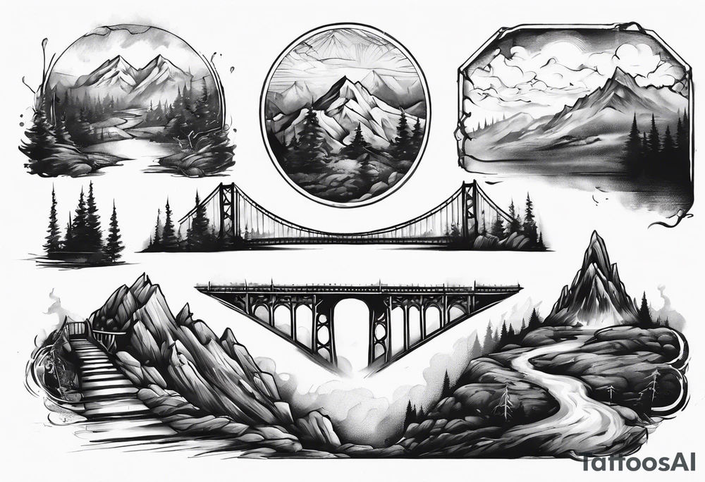 goledn gate bridge and mountain landscape with fog rolling in tattoo idea