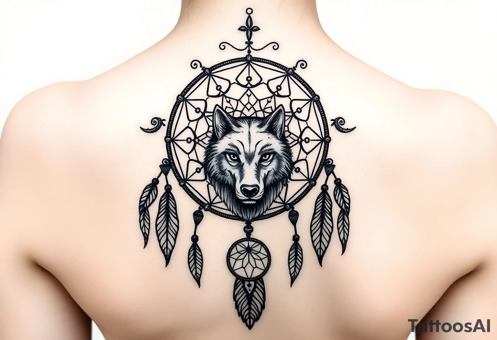 Dreamcatcher with zodiac symbols and protection runes caught in it with wolf teal tattoo idea